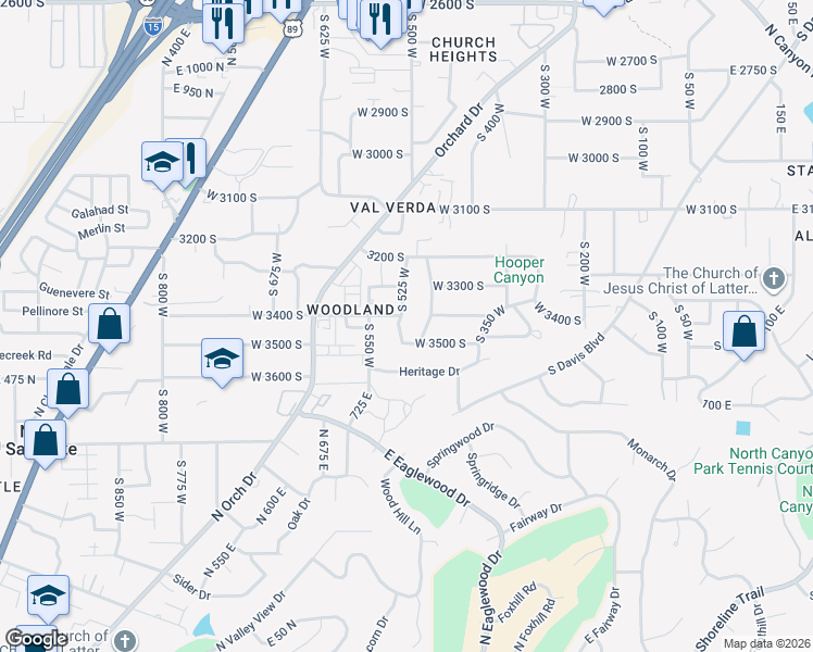 map of restaurants, bars, coffee shops, grocery stores, and more near 3433 South 525 West in Bountiful