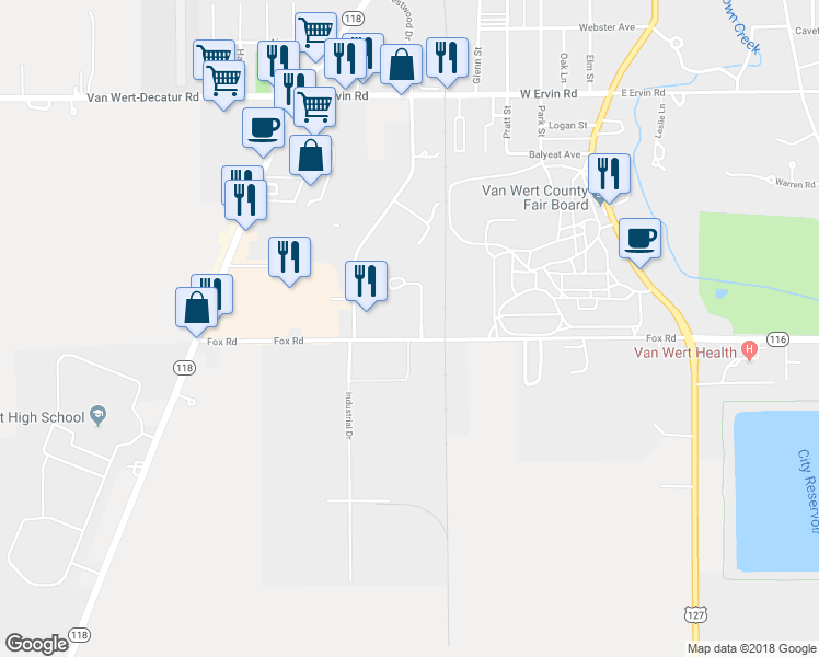 map of restaurants, bars, coffee shops, grocery stores, and more near 1195 Professional Drive in Van Wert