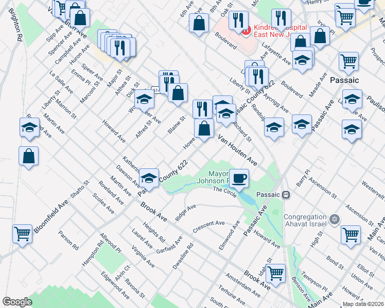map of restaurants, bars, coffee shops, grocery stores, and more near 415 Howe Avenue in Passaic