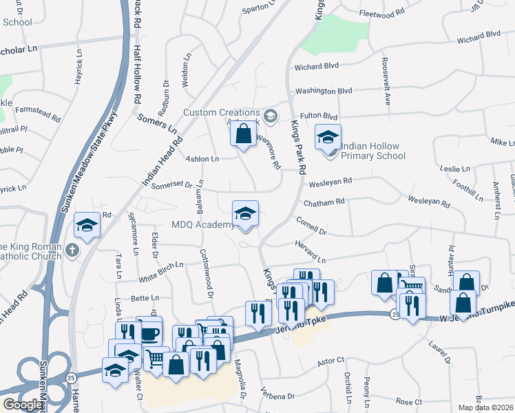 map of restaurants, bars, coffee shops, grocery stores, and more near 48 Somerset Drive in Commack