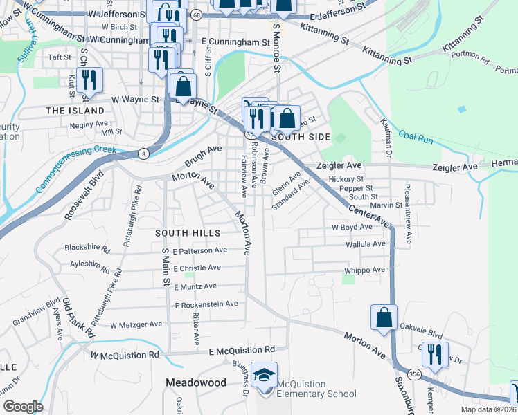 map of restaurants, bars, coffee shops, grocery stores, and more near 400 1/2 Brown Avenue in Butler