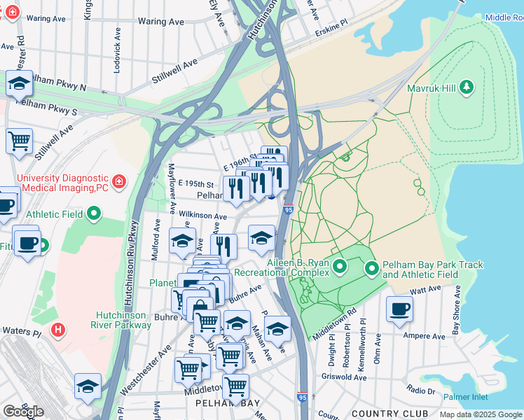 map of restaurants, bars, coffee shops, grocery stores, and more near 3250 Westchester Avenue in Bronx