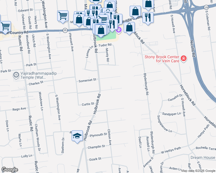 map of restaurants, bars, coffee shops, grocery stores, and more near 18 Somerset Street in Centereach