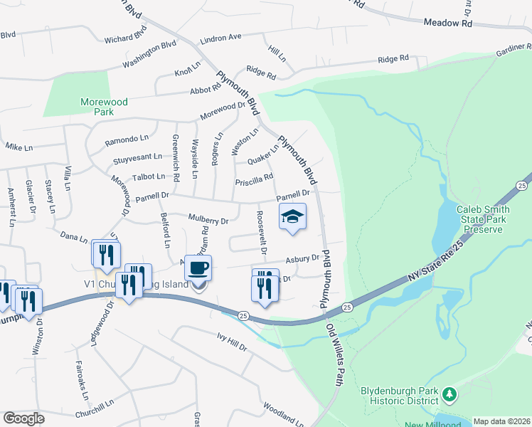 map of restaurants, bars, coffee shops, grocery stores, and more near 50 Parnell Drive in Smithtown