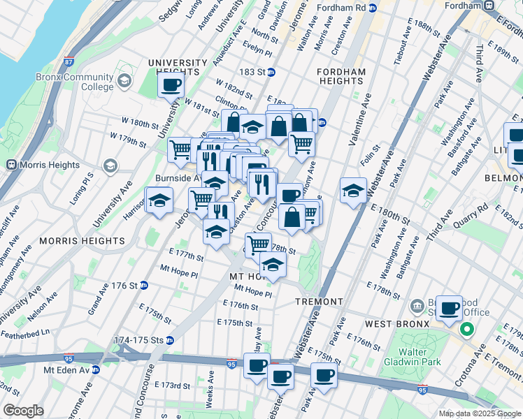 map of restaurants, bars, coffee shops, grocery stores, and more near 2021 Grand Concourse in Bronx