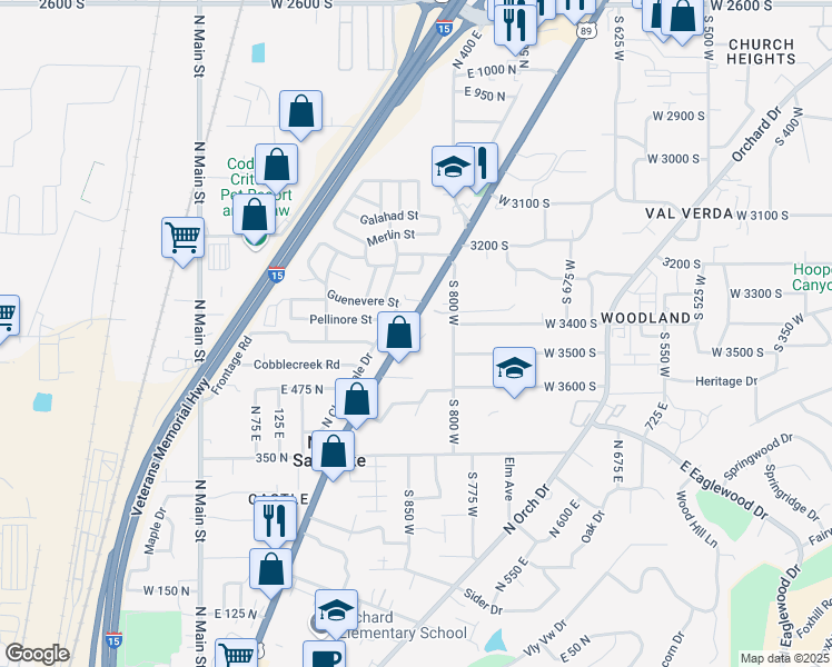 map of restaurants, bars, coffee shops, grocery stores, and more near 3381 South Main Street in Bountiful