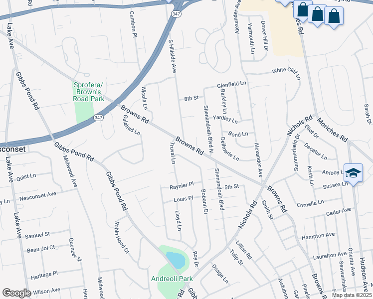 map of restaurants, bars, coffee shops, grocery stores, and more near 155 South Hillside Avenue in Nesconset