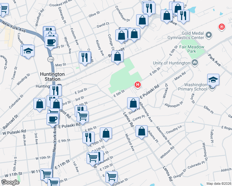 map of restaurants, bars, coffee shops, grocery stores, and more near 78 East 5th Street in Huntington Station