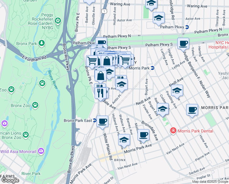 map of restaurants, bars, coffee shops, grocery stores, and more near in The Bronx