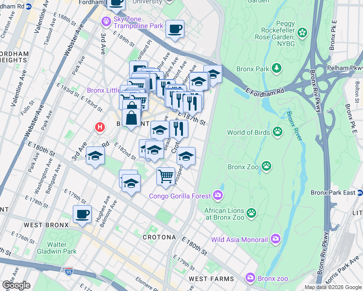 map of restaurants, bars, coffee shops, grocery stores, and more near in The Bronx