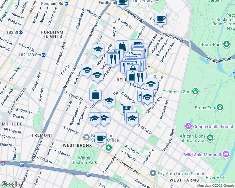 map of restaurants, bars, coffee shops, grocery stores, and more near 2276 Arthur Avenue in Bronx