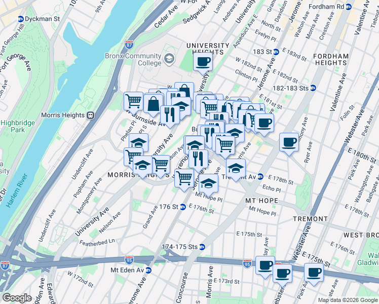 map of restaurants, bars, coffee shops, grocery stores, and more near 1975 Grand Avenue in The Bronx