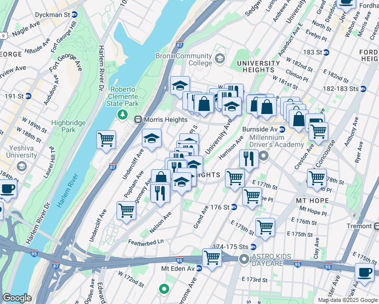 map of restaurants, bars, coffee shops, grocery stores, and more near 1820 Loring Place South in Bronx