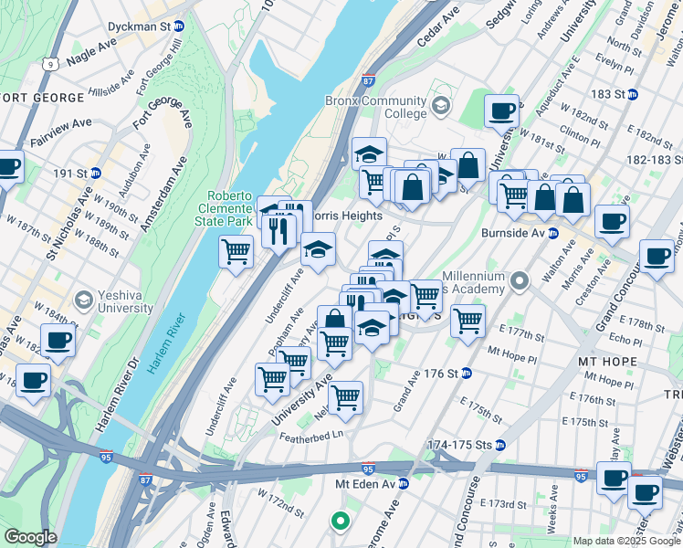 map of restaurants, bars, coffee shops, grocery stores, and more near 1814B Phelan Place in Bronx