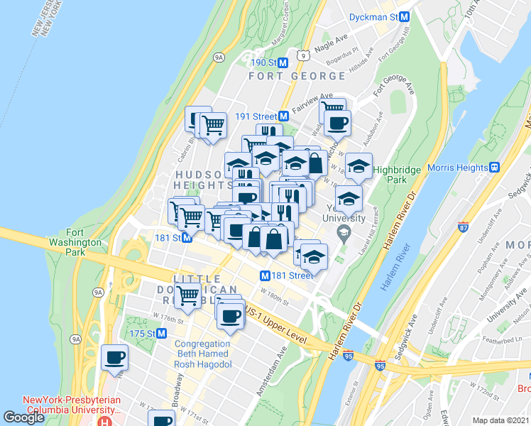 map of restaurants, bars, coffee shops, grocery stores, and more near 639 West 185th Street in New York
