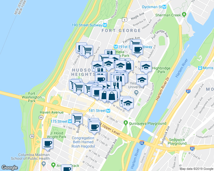 map of restaurants, bars, coffee shops, grocery stores, and more near 639 West 185th Street in New York