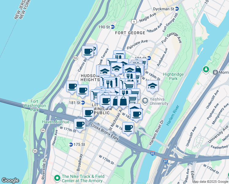 map of restaurants, bars, coffee shops, grocery stores, and more near 639 West 185th Street in New York