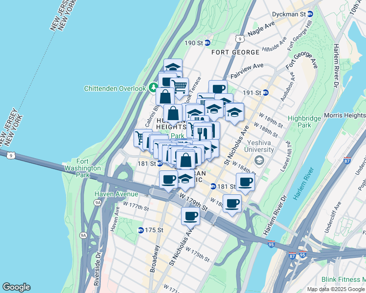 map of restaurants, bars, coffee shops, grocery stores, and more near 56 Bennett Avenue in New York