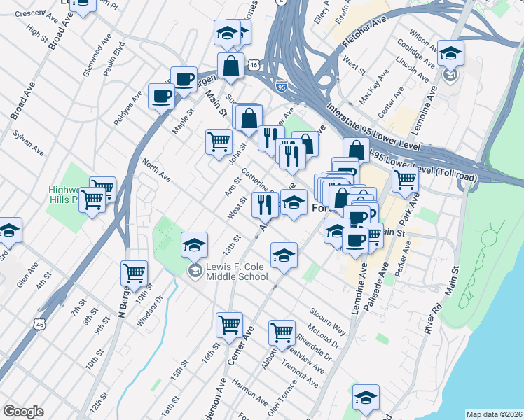 map of restaurants, bars, coffee shops, grocery stores, and more near 424 Elizabeth Street in Fort Lee