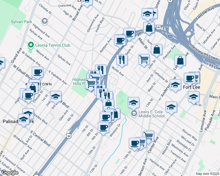 map of restaurants, bars, coffee shops, grocery stores, and more near 1480 Bergen Boulevard in Fort Lee