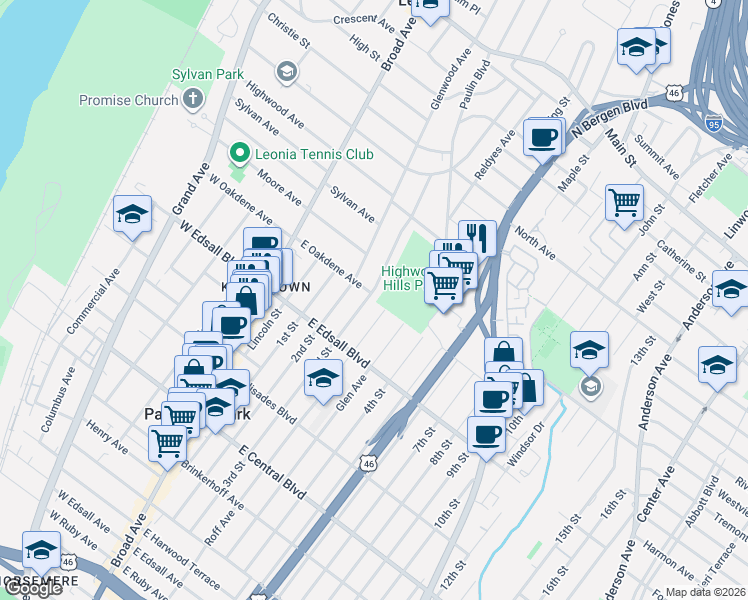 map of restaurants, bars, coffee shops, grocery stores, and more near 3 Glenwood Avenue in Leonia
