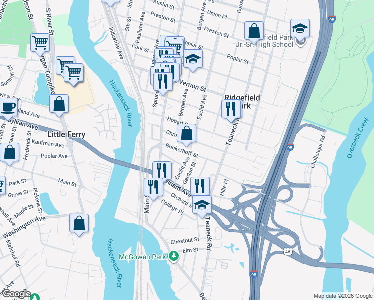 map of restaurants, bars, coffee shops, grocery stores, and more near 78 Euclid Avenue in Ridgefield Park