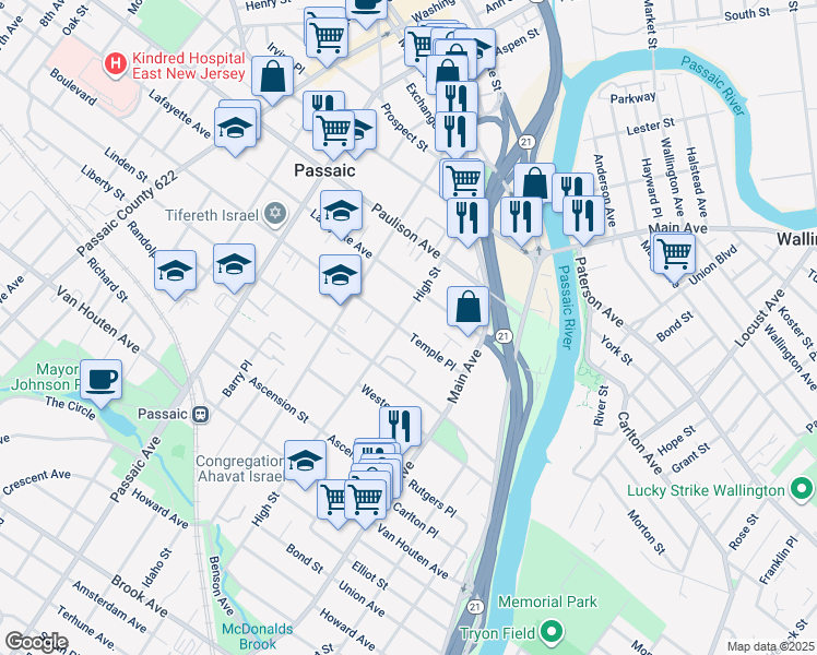 map of restaurants, bars, coffee shops, grocery stores, and more near 85 High Street in Passaic
