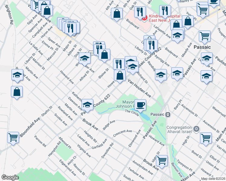 map of restaurants, bars, coffee shops, grocery stores, and more near 415 Howe Avenue in Passaic