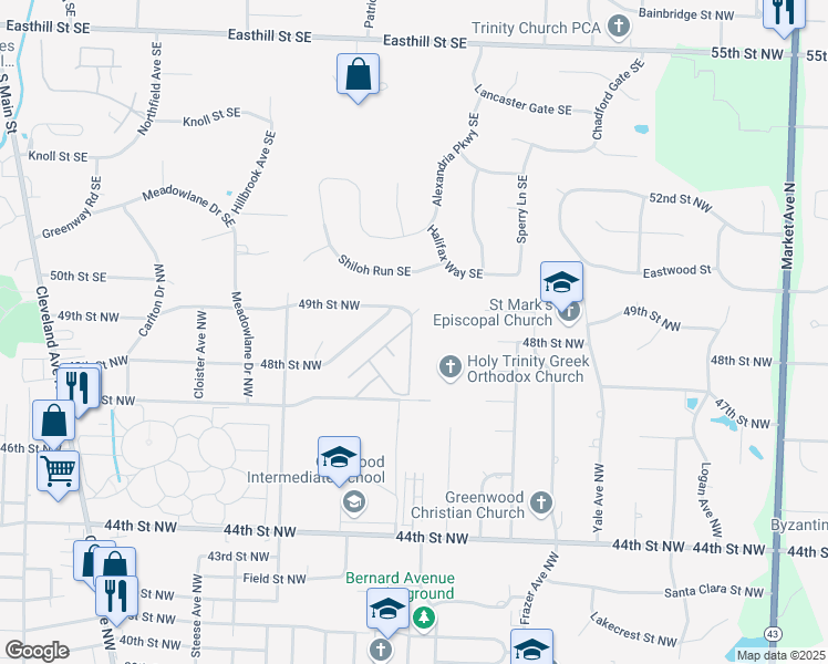 map of restaurants, bars, coffee shops, grocery stores, and more near 1000 48th Street Northwest in Canton