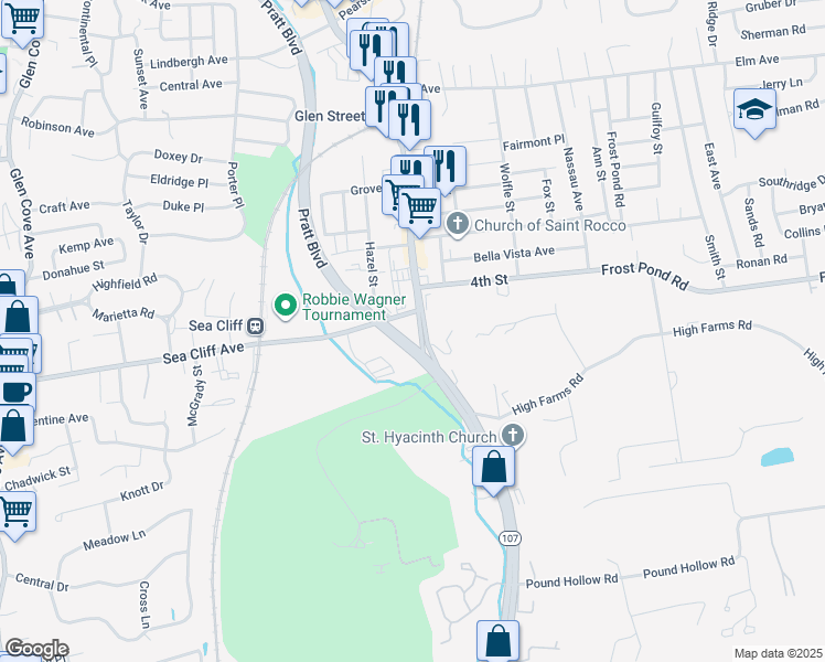 map of restaurants, bars, coffee shops, grocery stores, and more near 1 Sea Cliff Avenue in Glen Cove
