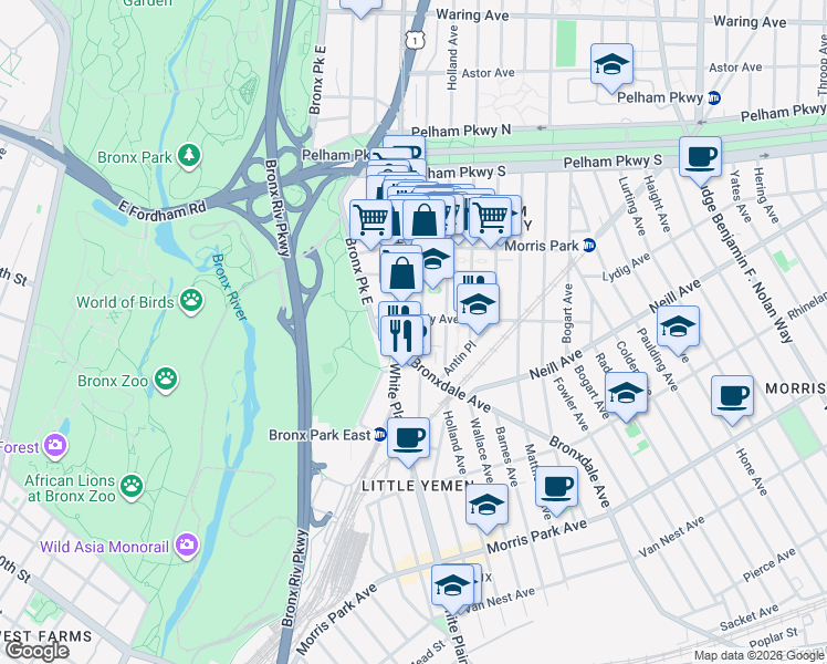 map of restaurants, bars, coffee shops, grocery stores, and more near 707 Brady Avenue in The Bronx