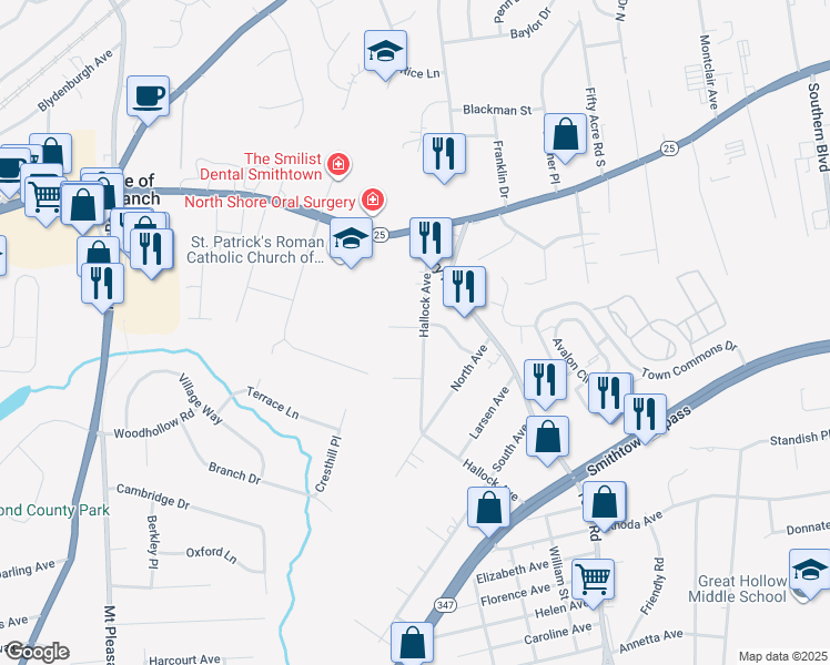 map of restaurants, bars, coffee shops, grocery stores, and more near 3 Rosalia Court in Smithtown