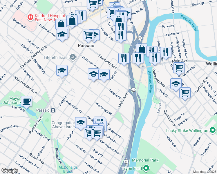 map of restaurants, bars, coffee shops, grocery stores, and more near 85 High Street in Passaic