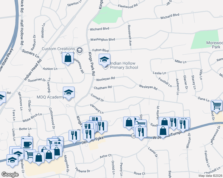 map of restaurants, bars, coffee shops, grocery stores, and more near 21 Chatham Road in Commack