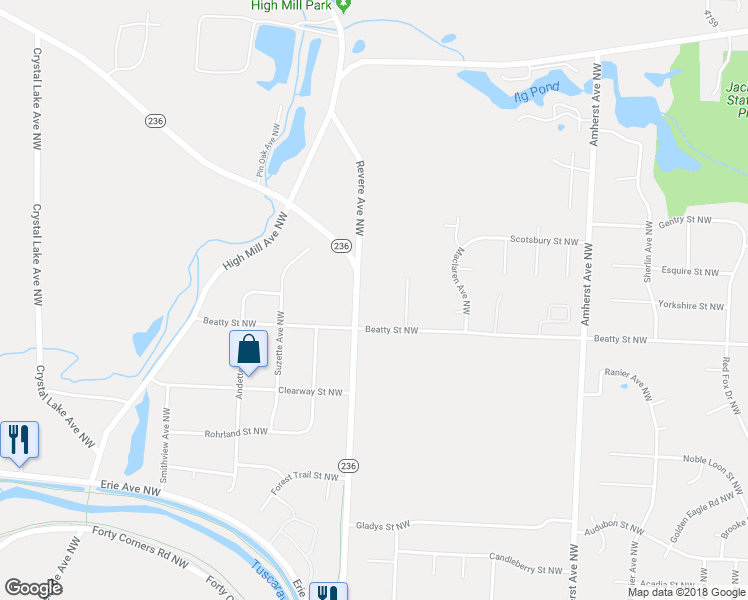 map of restaurants, bars, coffee shops, grocery stores, and more near 4850 Revere Avenue Northwest in Massillon