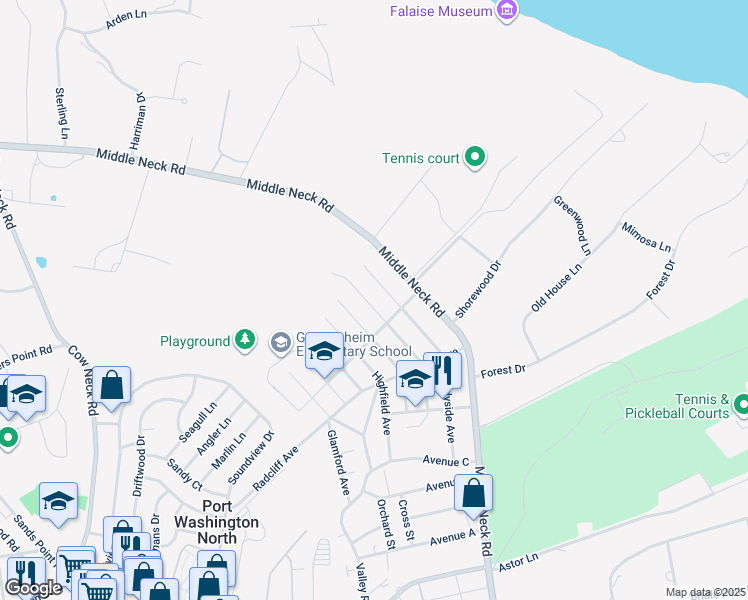 map of restaurants, bars, coffee shops, grocery stores, and more near 100 Shadyside Avenue in Port Washington