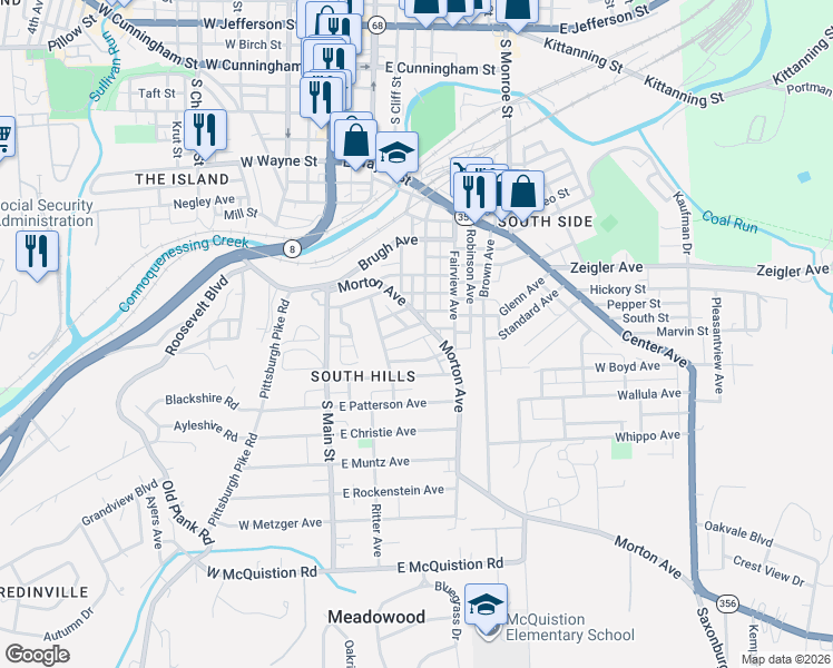 map of restaurants, bars, coffee shops, grocery stores, and more near 403 Walker Avenue in Butler