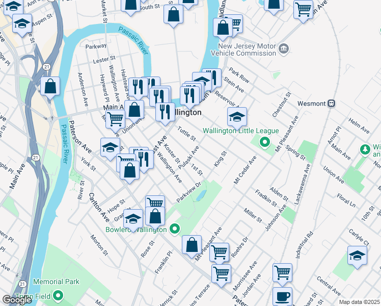 map of restaurants, bars, coffee shops, grocery stores, and more near 227 Hathaway Street in Wallington