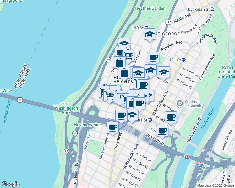 map of restaurants, bars, coffee shops, grocery stores, and more near 499 Fort Washington Avenue in New York