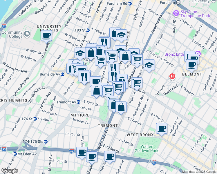 map of restaurants, bars, coffee shops, grocery stores, and more near in The Bronx