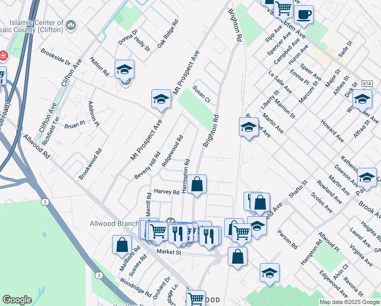 map of restaurants, bars, coffee shops, grocery stores, and more near 141 Harrington Road in Clifton