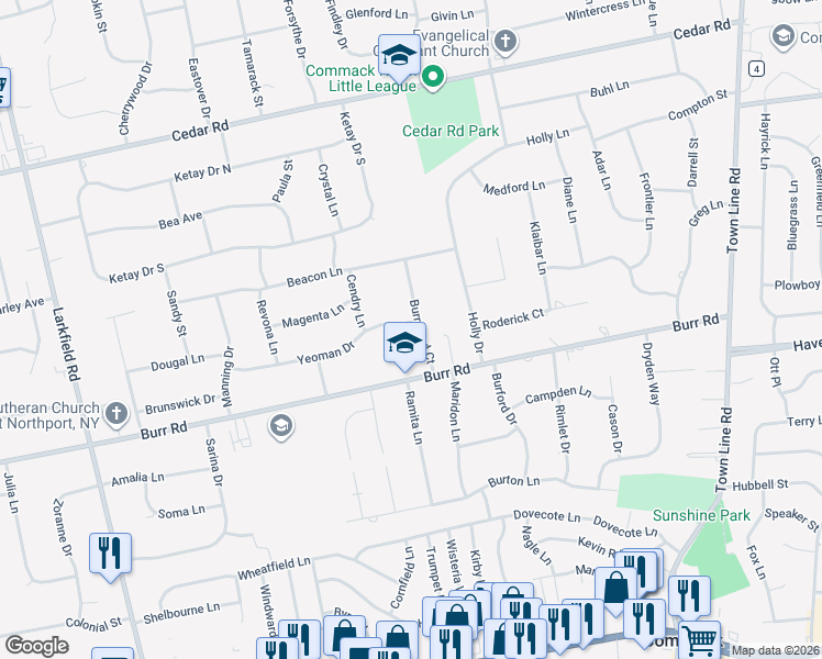 map of restaurants, bars, coffee shops, grocery stores, and more near 7 Burrwood Court in East Northport