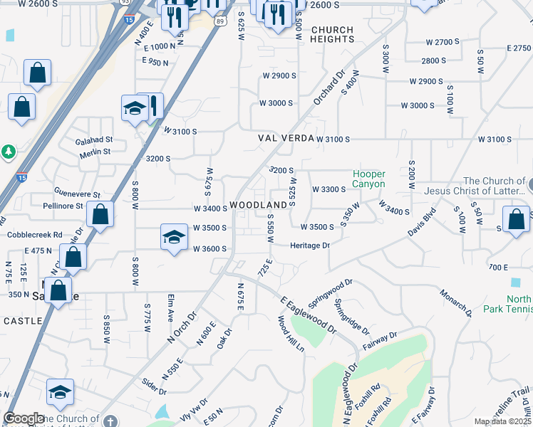 map of restaurants, bars, coffee shops, grocery stores, and more near 3422 South 550 West in Bountiful