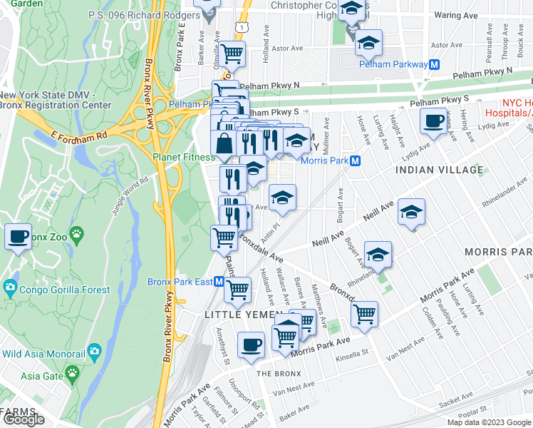 map of restaurants, bars, coffee shops, grocery stores, and more near in The Bronx