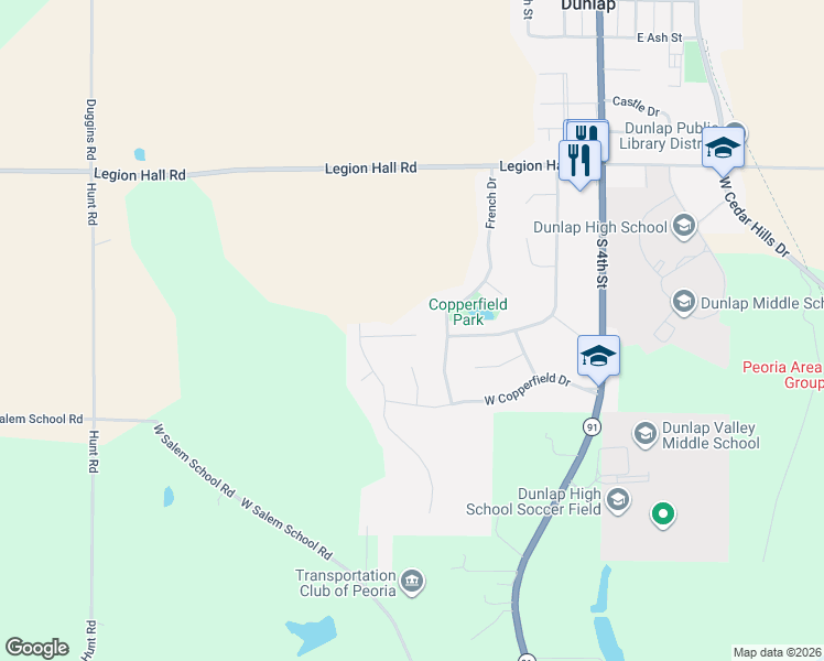 map of restaurants, bars, coffee shops, grocery stores, and more near North French Drive in Dunlap