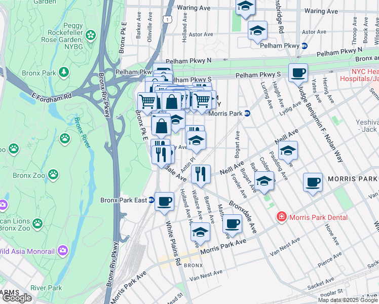 map of restaurants, bars, coffee shops, grocery stores, and more near 775 Bradey Avenue in Bronx