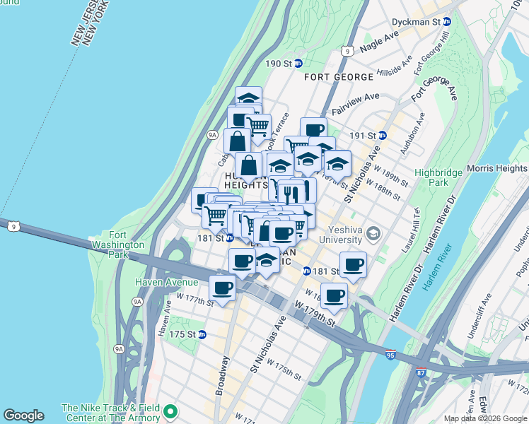 map of restaurants, bars, coffee shops, grocery stores, and more near 56 Bennett Avenue in New York