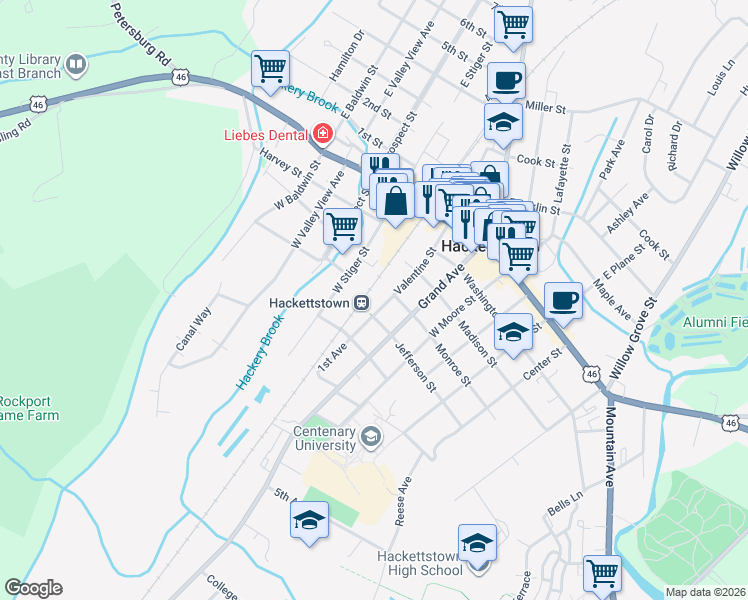 map of restaurants, bars, coffee shops, grocery stores, and more near 300 Valentine Street in Hackettstown
