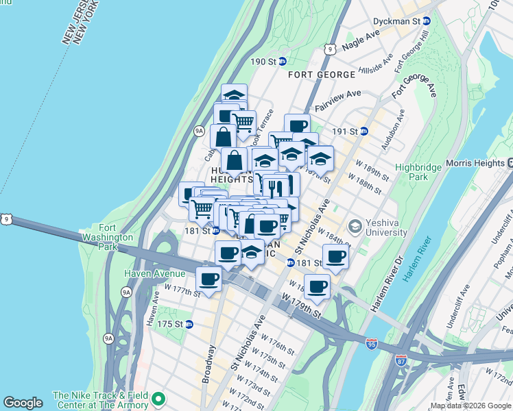 map of restaurants, bars, coffee shops, grocery stores, and more near 52 Bennett Avenue in New York