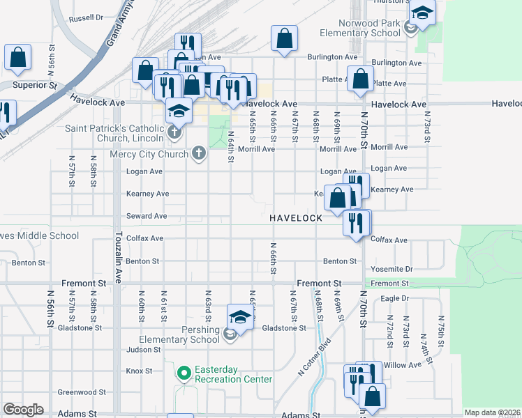 map of restaurants, bars, coffee shops, grocery stores, and more near 4000 North 65th Street in Lincoln